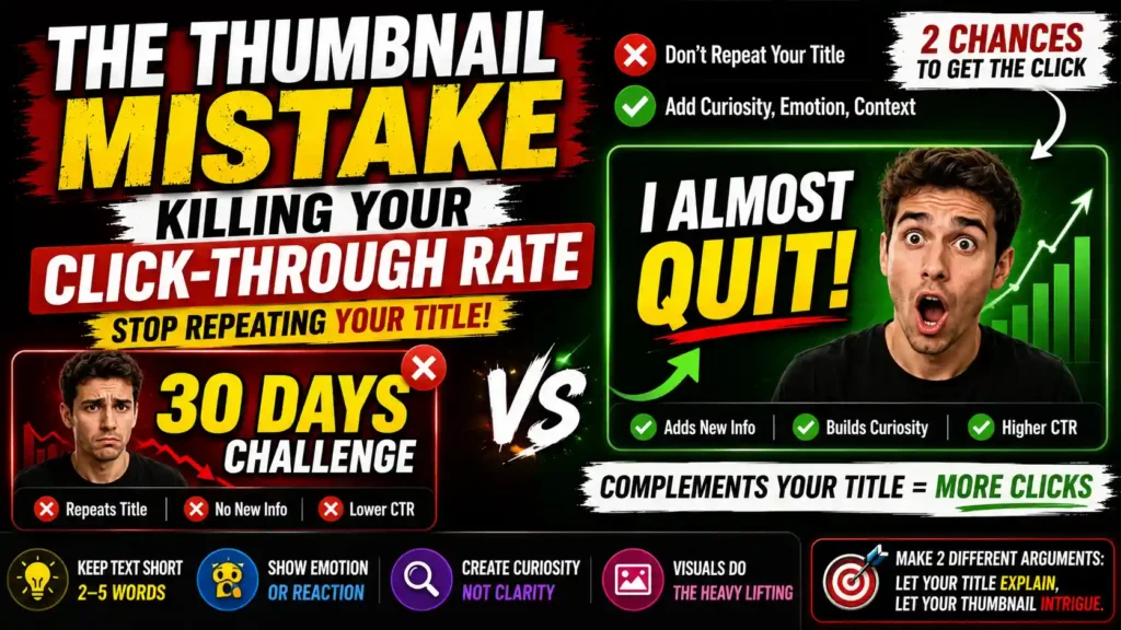A visual guide showing how complementary thumbnail text can outperform title repetition and attract more YouTube clicks.