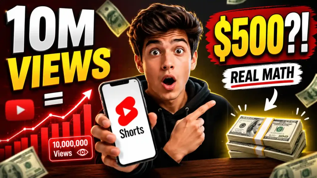 YouTube Shorts earnings explained with 10 million views, estimated revenue, and creator holding a smartphone displaying the Shorts logo.