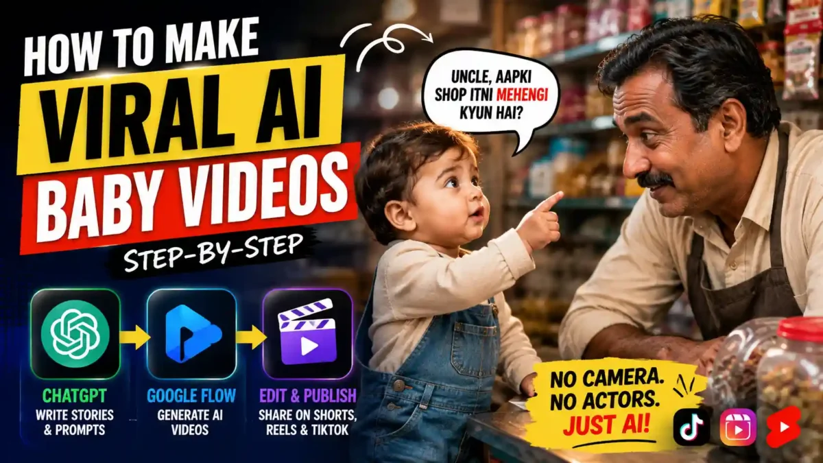 How to Make Viral AI Baby Videos (Step-by-Step) 1 AI-generated baby talking to a shopkeeper with ChatGPT and Google Flow icons, illustrating how to create viral AI baby videos for TikTok, Instagram Reels, and YouTube Shorts.